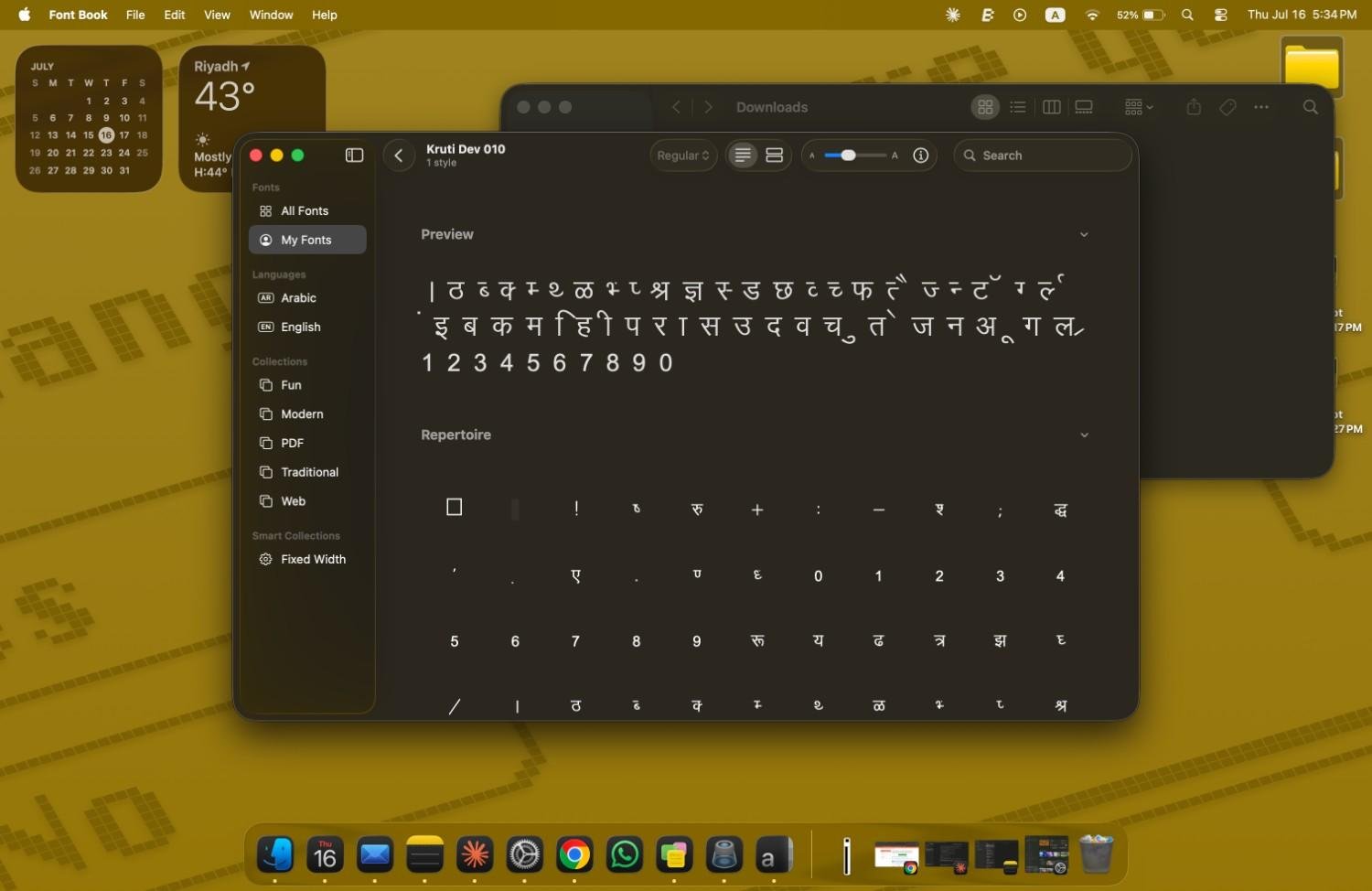 Font Book My Fonts view showing Kruti Dev 010 installed, with its character preview and full repertoire grid