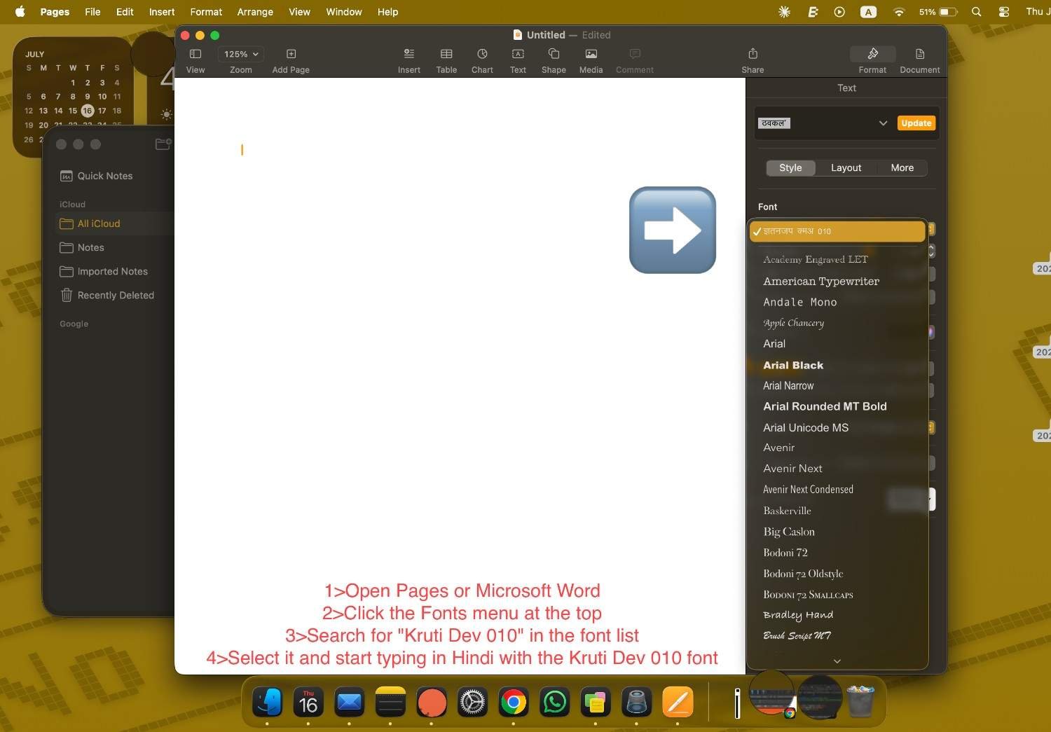 Pages app font menu with Kruti Dev 010 selected, showing the numbered steps: open Pages or Word, click the Fonts menu, search for Kruti Dev 010, select it and start typing